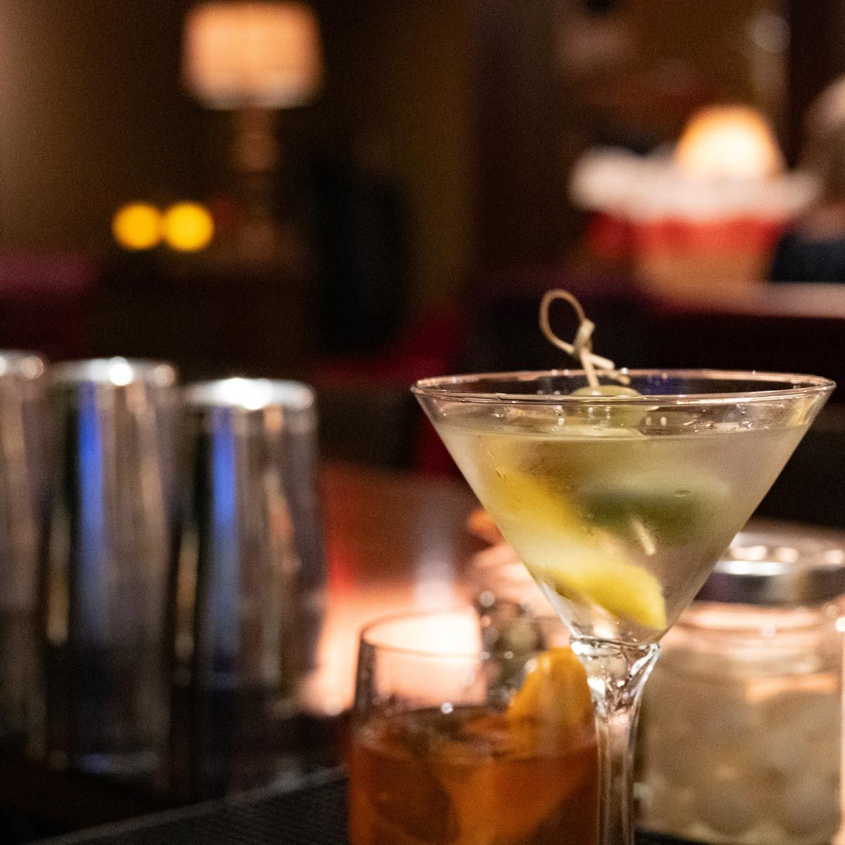 closeup of a martini on the Hearsay Lounge bar